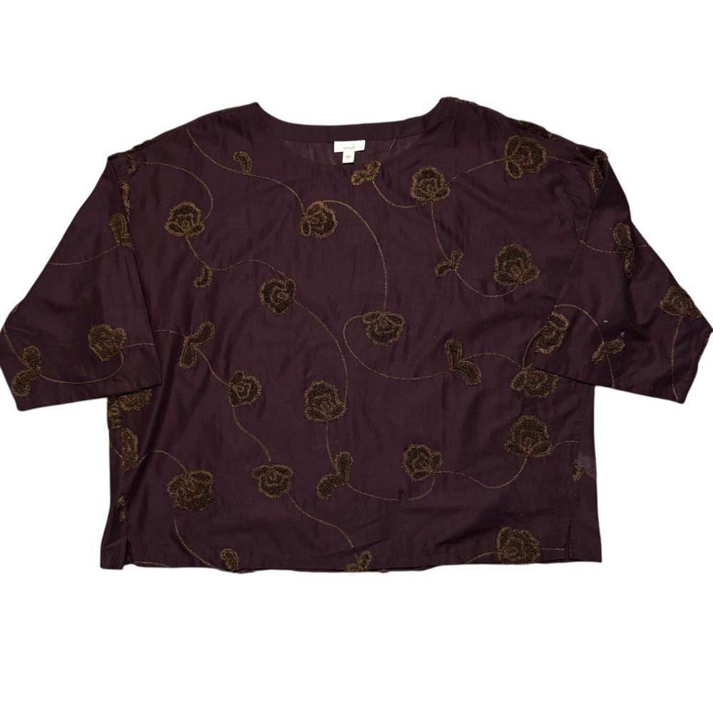 J. Jill Pure Jill Plum Embroidered Floral 3/4 Square Sleeve Tunic Top Size Large